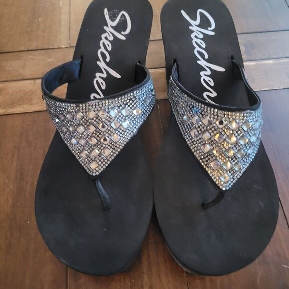 Skechers Rhinestone Embellished Black Wedge Sandals Size 11 - Picture 1 of 5